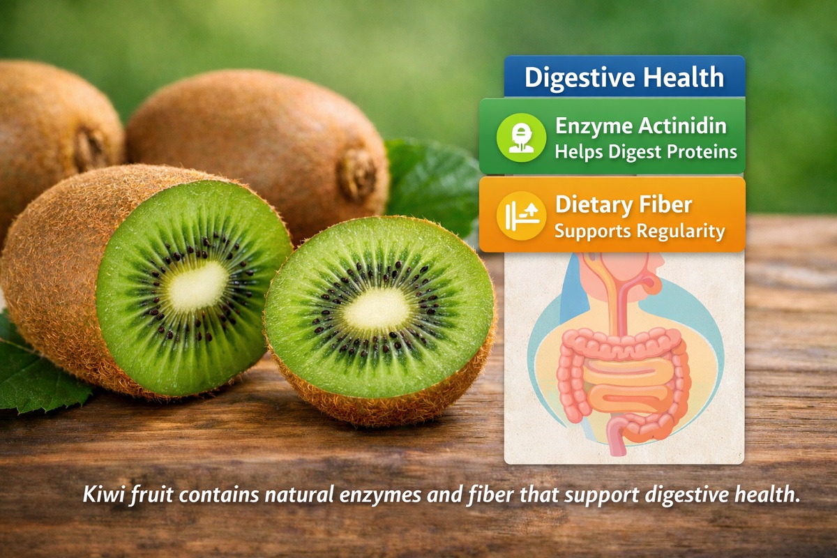 Kiwi fruit supporting digestive health through actinidin enzyme and dietary fiber