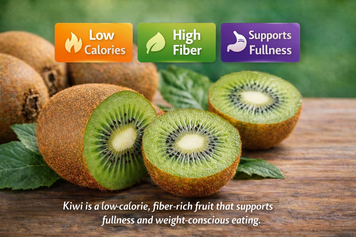 Fresh kiwi fruit showing low calorie, high fiber content for weight loss support
