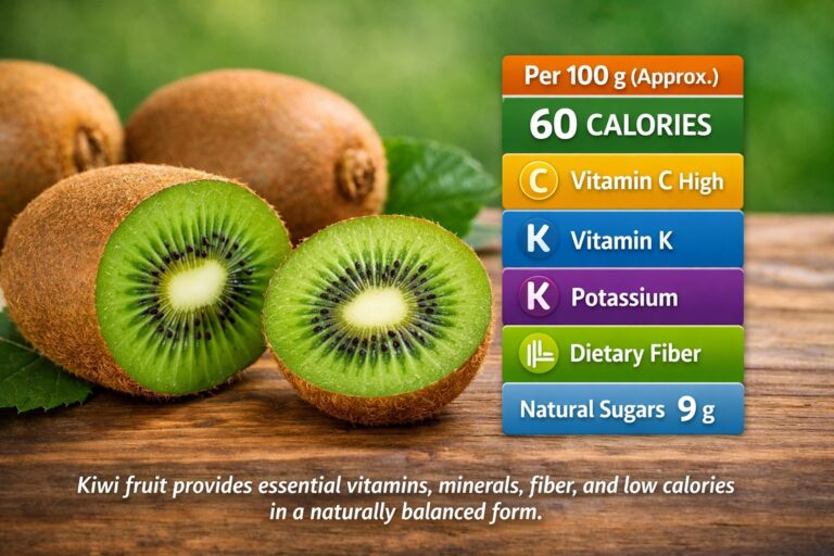 Kiwi fruit cut open showing green flesh, seeds, and nutritional value including vitamins and minerals