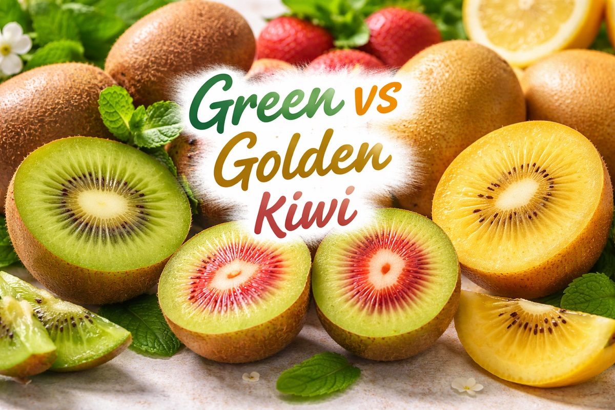 Green, golden, and red kiwi slices showing color and nutrient differences in vitamin C and fiber