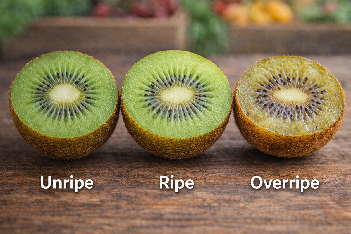 How to choose ripe kiwi fruit showing unripe, ripe, and overripe kiwi comparison