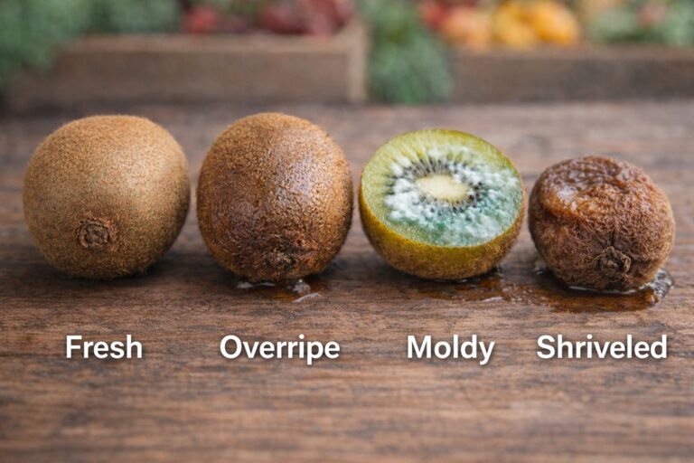 Spoiled kiwi fruit showing mold, discoloration, and overripe texture compared to fresh kiwi