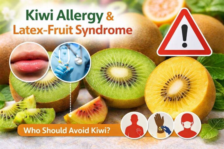 Fresh kiwi slices with warning concept illustrating kiwi allergy and latex-fruit syndrome risks