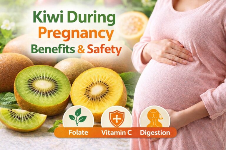 Fresh sliced kiwi fruit on a clean surface representing safe fruit choices during pregnancy
