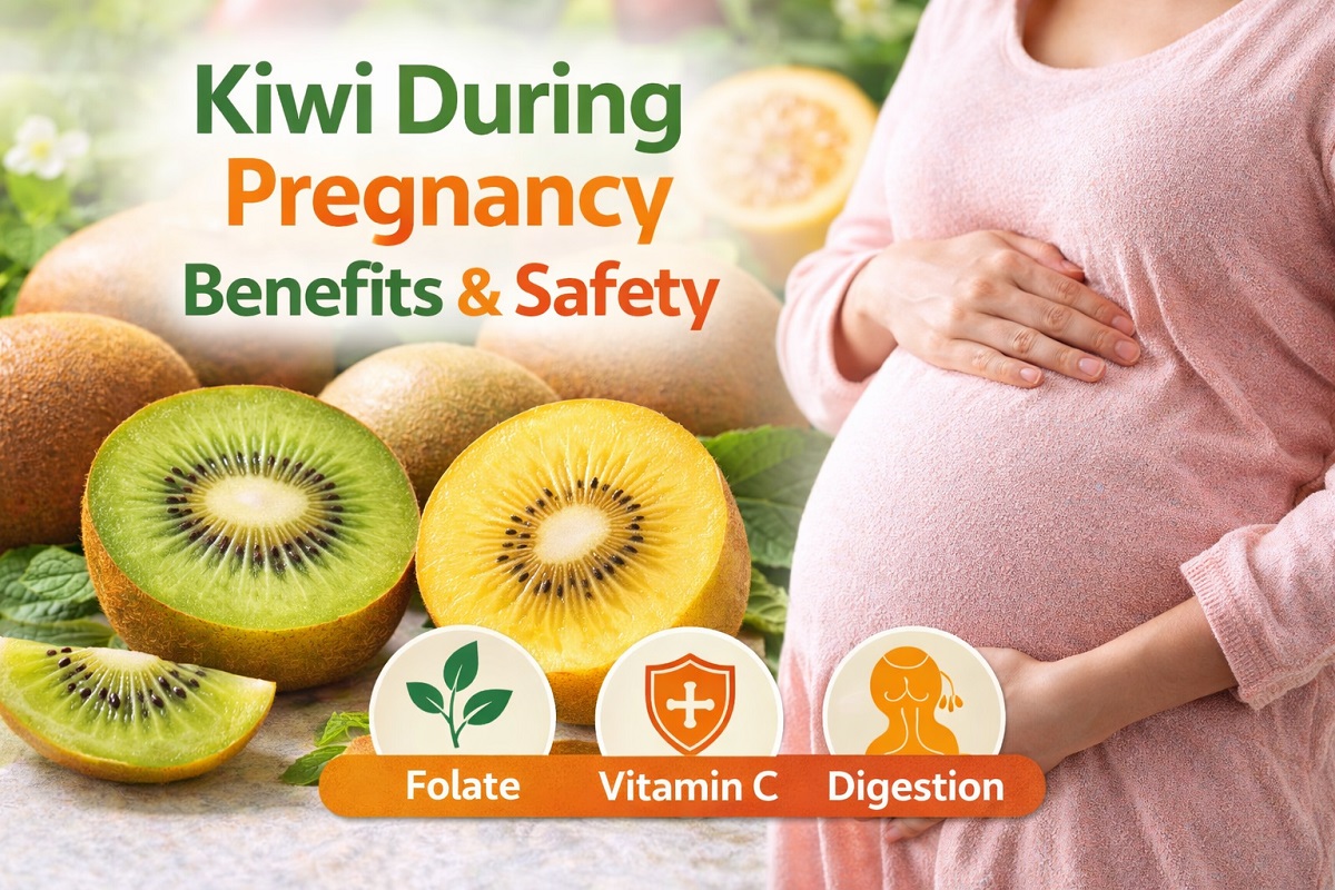 Fresh sliced kiwi fruit on a clean surface representing safe fruit choices during pregnancy