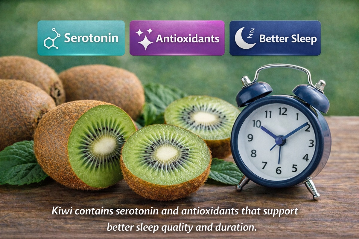 Kiwi fruit slices placed near an alarm clock representing better sleep quality