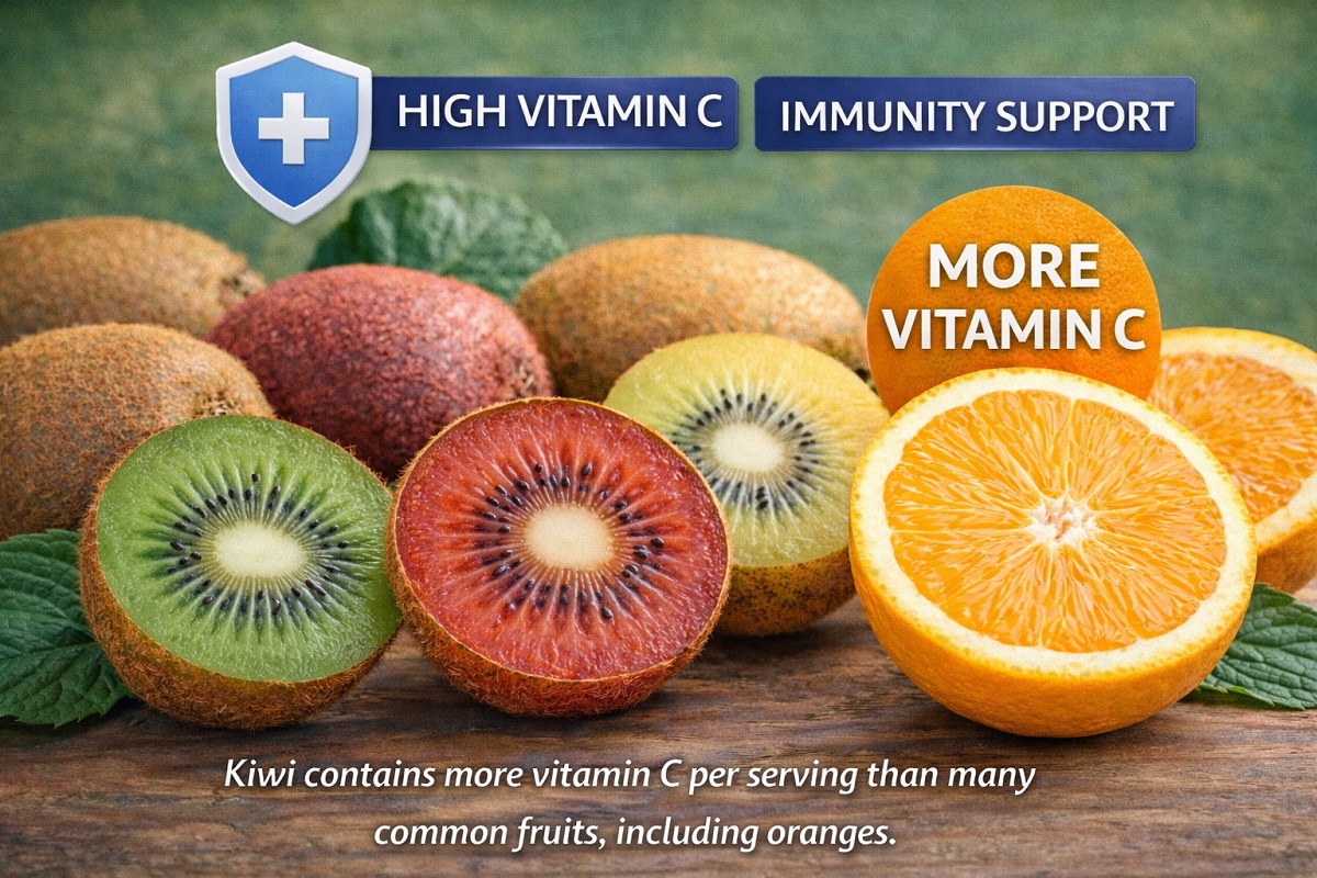 Green, golden, and red kiwi fruits showing high vitamin C content compared to oranges for immunity support