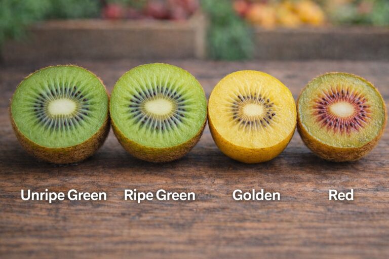 Unripe and ripe kiwi fruit comparison showing green, golden, and red varieties to explain why some kiwi taste sour