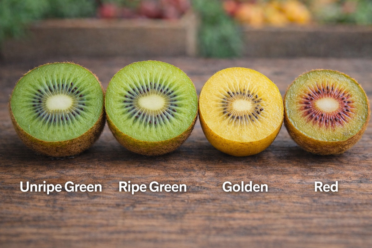 Unripe and ripe kiwi fruit comparison showing green, golden, and red varieties to explain why some kiwi taste sour
