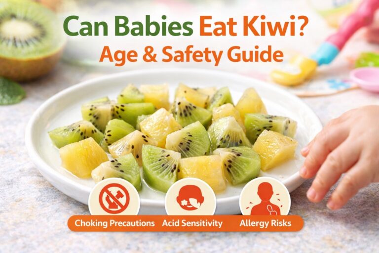 Ripe kiwi fruit sliced into small baby-safe pieces on a plate for infant feeding