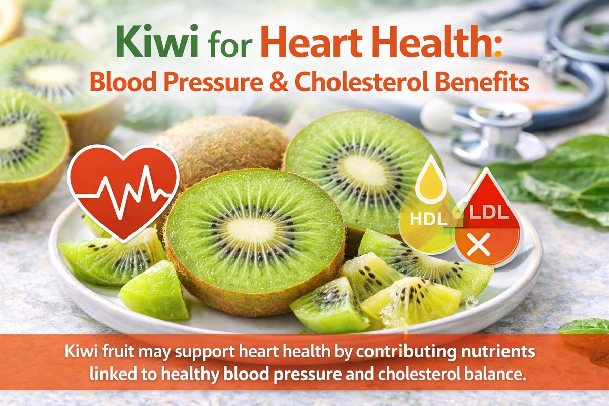 Fresh green kiwi slices arranged with heart health symbols representing blood pressure and cholesterol benefits