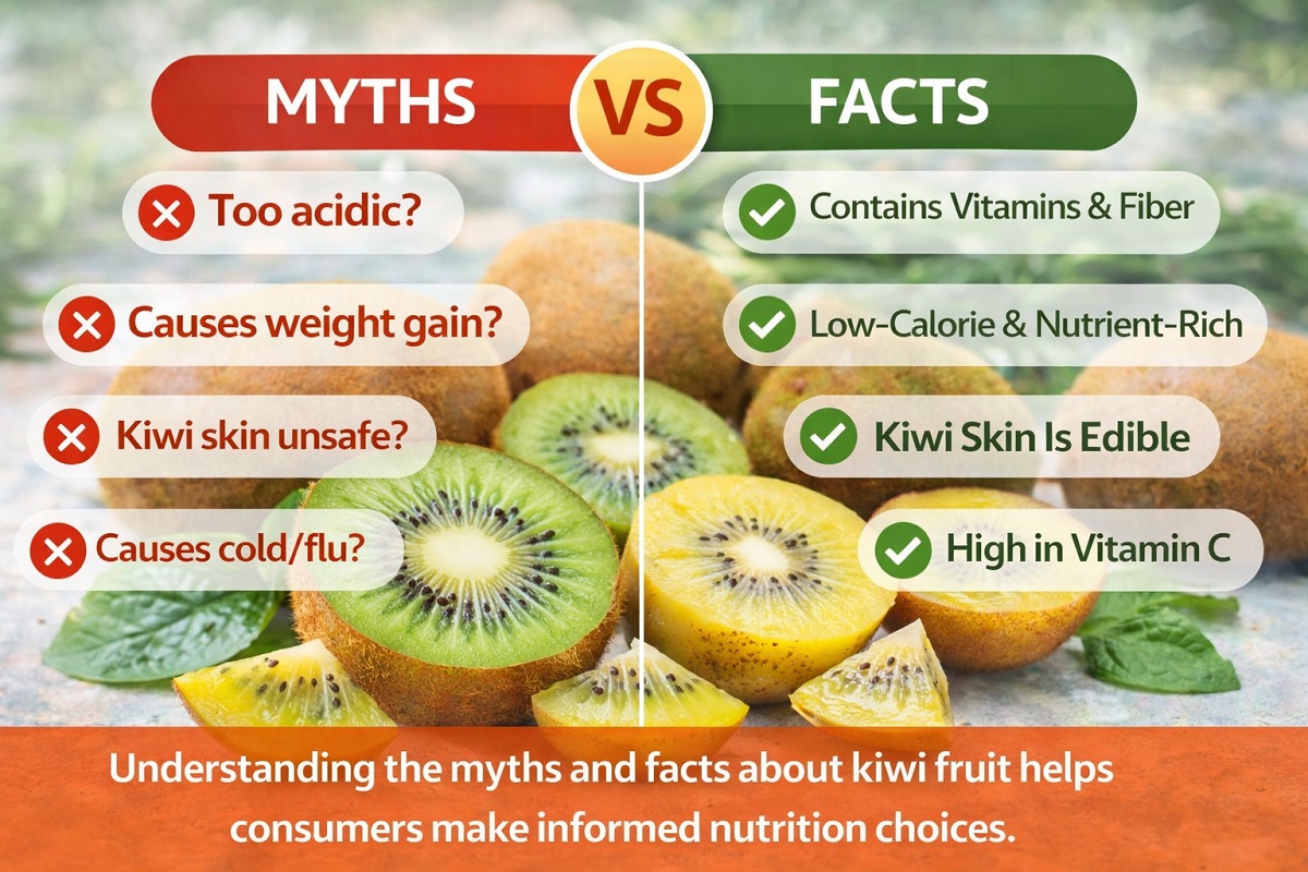 Fresh kiwi fruit showing myths versus facts about nutrition, acidity, and health benefits