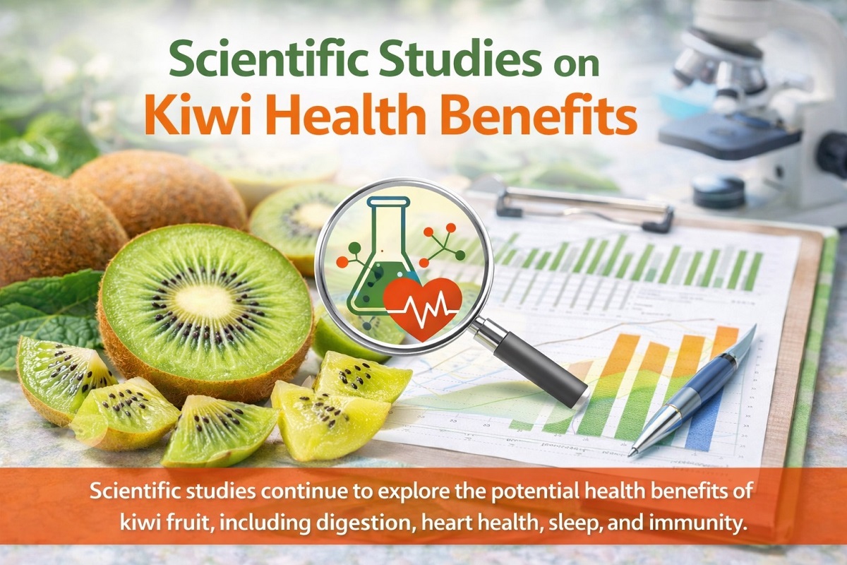 Fresh kiwi fruit with scientific research concept showing nutrition and health study analysis